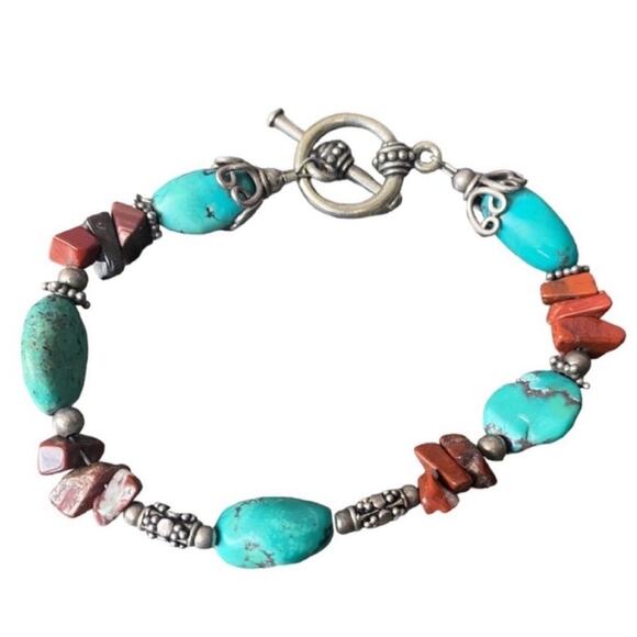 Jewelry - Turquoise and Red Stone Silver Tone Bracelet